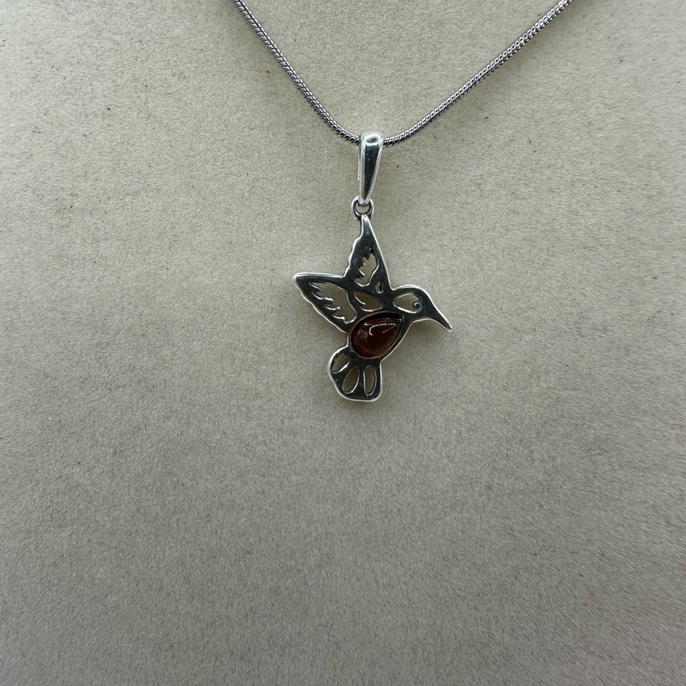 Silver and Amber Hummingbird Pendant Necklace on Silver Plated Snake Chain - Picture 7 of 8